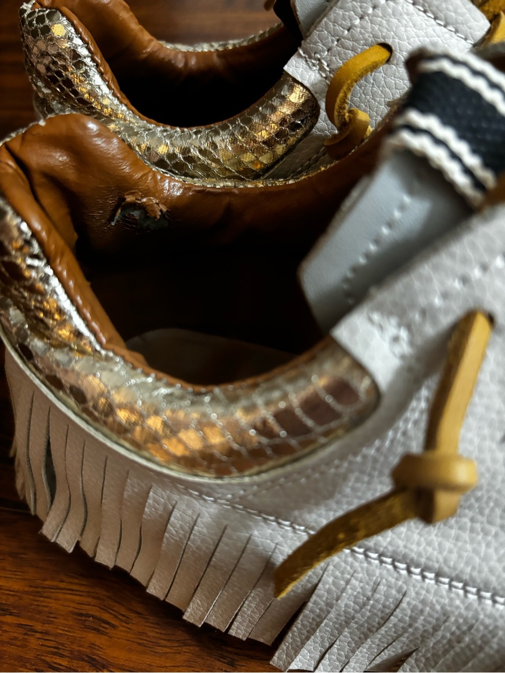 ShuShop Pepa Fringe Sneakers Gold Snakeskin Heel Bone Tan Western Shoes - Picture 12 of 14